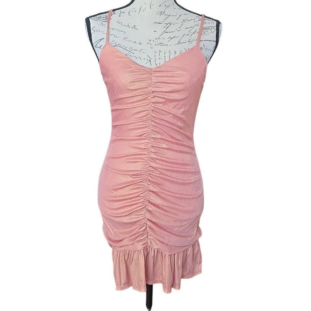 BCX Womens Size Small Pink Shimmery Gold Ruched Bodycon Tank Dress